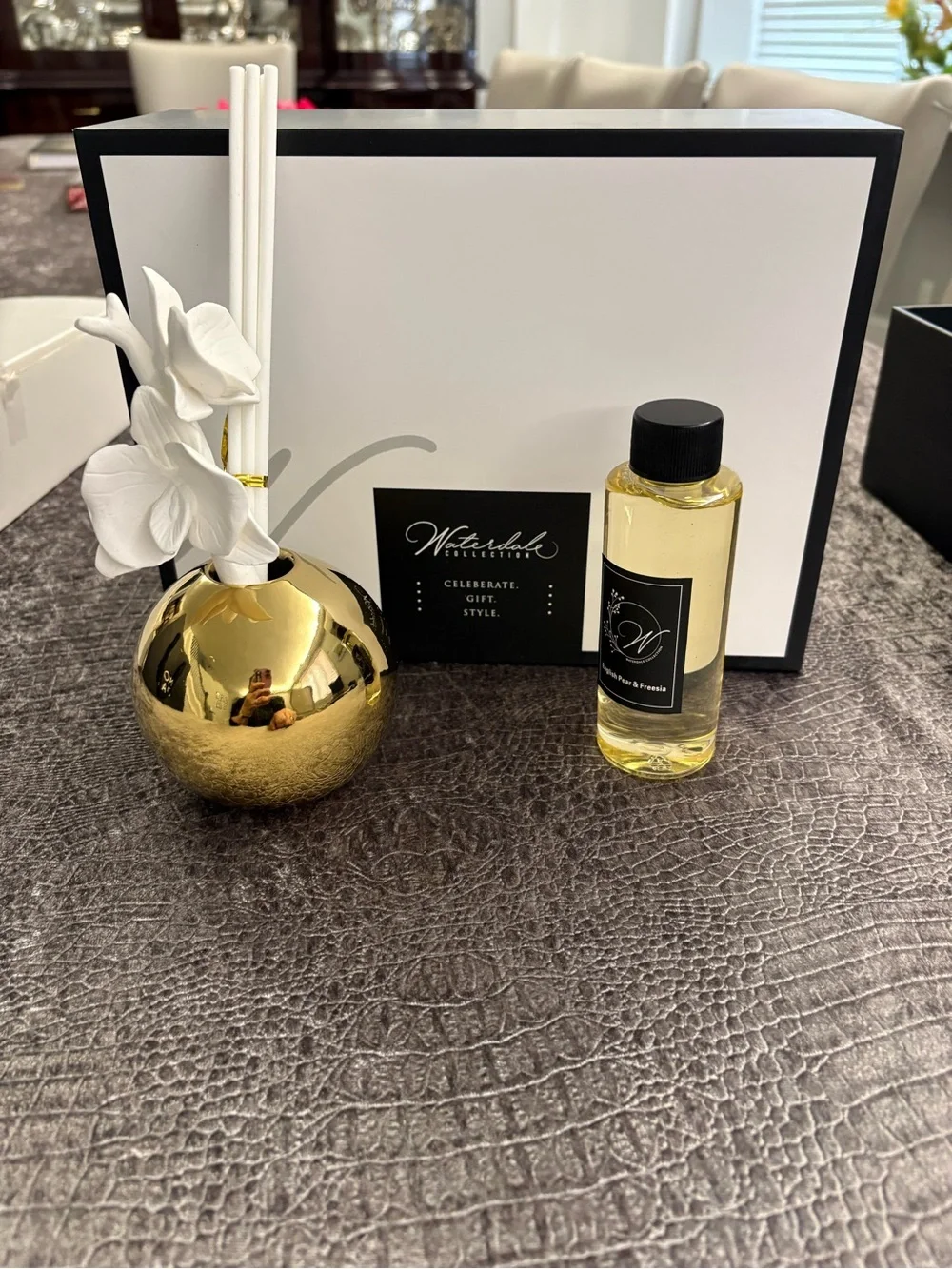 Gold Ceramic Reed Diffuser with White Orchid Accents